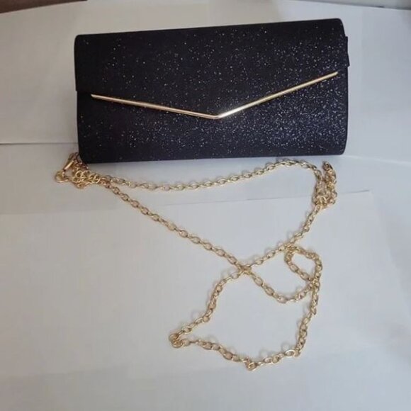 Handbags - Evening Bag Occasion Purse Handbag Black Glitter Clutch Shoulder Gold